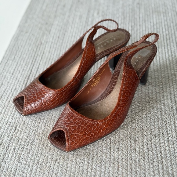 Vintage Shoes - Vintage Axcess Liz Claiborne Brown Croc Leather Peeptoe Slingback Heels Size 9